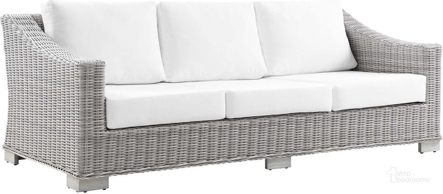 The appearance of Conway Outdoor Patio Wicker Rattan Sofa EEI-4842-LGR-WHI designed by Modway in the modern / contemporary interior design. This light gray white piece of furniture  was selected by 1StopBedrooms from Conway Collection to add a touch of cosiness and style into your home. Sku: EEI-4842-LGR-WHI. Material: Aluminium. Product Type: Outdoor Sofa. Image1