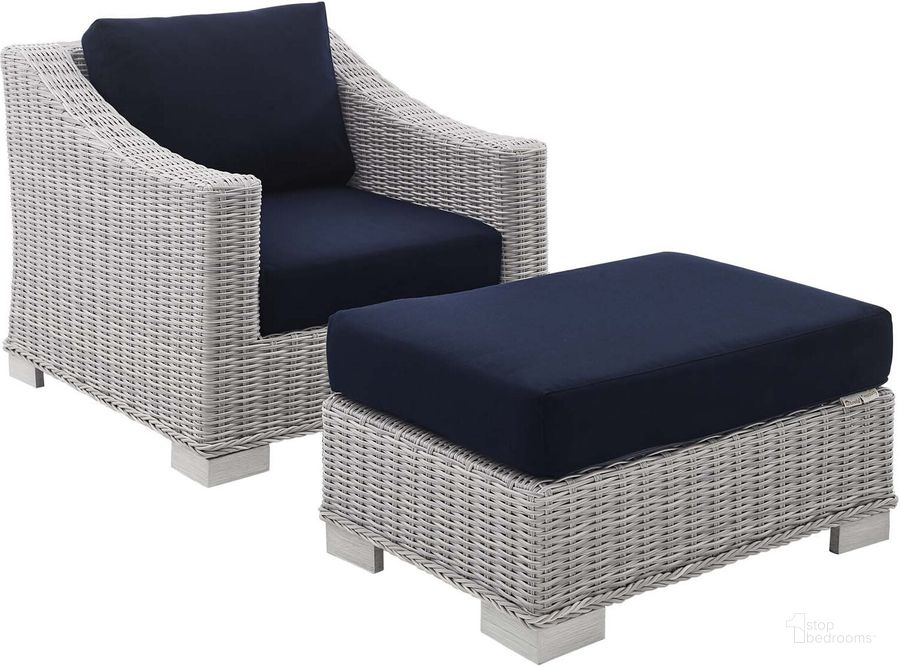 The appearance of Conway Sunbrella Outdoor Patio Wicker Rattan 2-Piece Armchair And Ottoman Set EEI-4354-LGR-NAV designed by Modway in the modern / contemporary interior design. This light gray navy piece of furniture  was selected by 1StopBedrooms from Conway Collection to add a touch of cosiness and style into your home. Sku: EEI-4354-LGR-NAV. Material: Wicker. Product Type: Chair with Ottoman. Image1