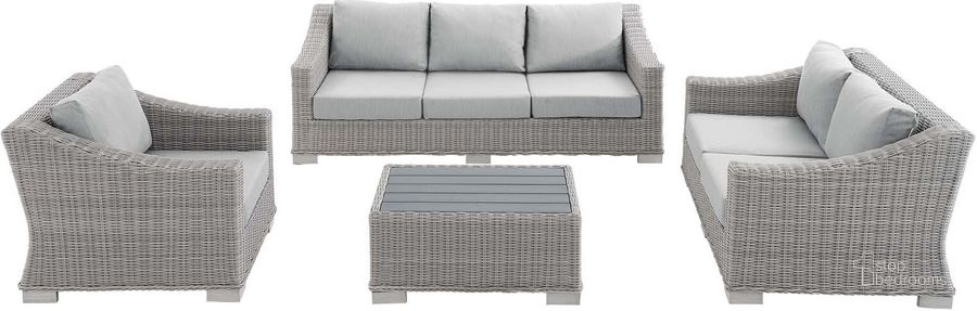 The appearance of Conway Sunbrella Outdoor Patio Wicker Rattan 4-Piece Furniture Set EEI-4355-LGR-GRY designed by Modway in the modern / contemporary interior design. This light gray gray piece of furniture  was selected by 1StopBedrooms from Conway Collection to add a touch of cosiness and style into your home. Sku: EEI-4355-LGR-GRY. Product Type: Outdoor Conversation Set. Material: Wicker. Image1