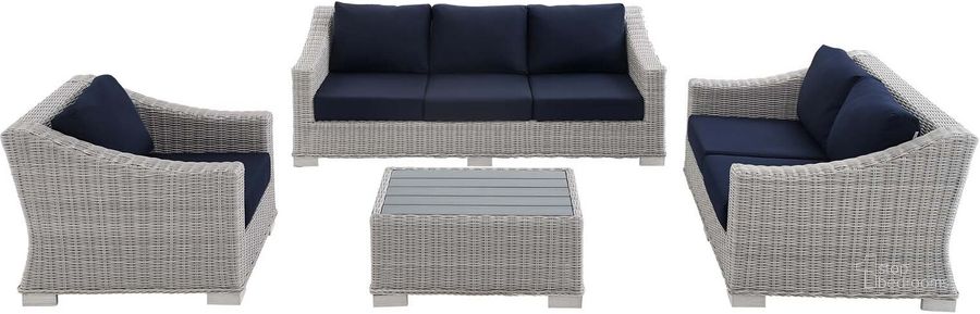 The appearance of Conway Sunbrella Outdoor Patio Wicker Rattan 4-Piece Furniture Set EEI-4355-LGR-NAV designed by Modway in the modern / contemporary interior design. This light gray navy piece of furniture  was selected by 1StopBedrooms from Conway Collection to add a touch of cosiness and style into your home. Sku: EEI-4355-LGR-NAV. Product Type: Outdoor Conversation Set. Material: Wicker. Image1
