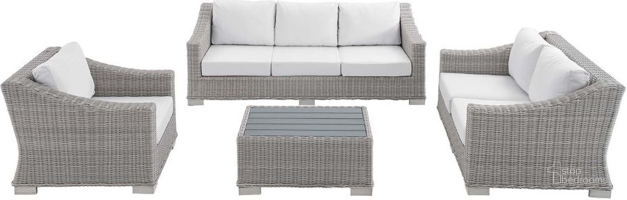 The appearance of Conway Sunbrella Outdoor Patio Wicker Rattan 4-Piece Furniture Set EEI-4355-LGR-WHI designed by Modway in the modern / contemporary interior design. This light gray white piece of furniture  was selected by 1StopBedrooms from Conway Collection to add a touch of cosiness and style into your home. Sku: EEI-4355-LGR-WHI. Product Type: Outdoor Conversation Set. Material: Wicker. Image1