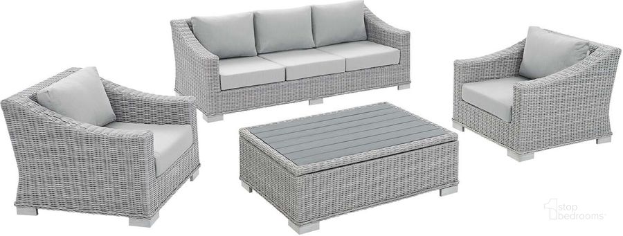 The appearance of Conway Sunbrella Outdoor Patio Wicker Rattan 4-Piece Furniture Set EEI-4359-LGR-GRY designed by Modway in the modern / contemporary interior design. This light gray gray piece of furniture  was selected by 1StopBedrooms from Conway Collection to add a touch of cosiness and style into your home. Sku: EEI-4359-LGR-GRY. Product Type: Outdoor Conversation Set. Material: Wicker. Image1