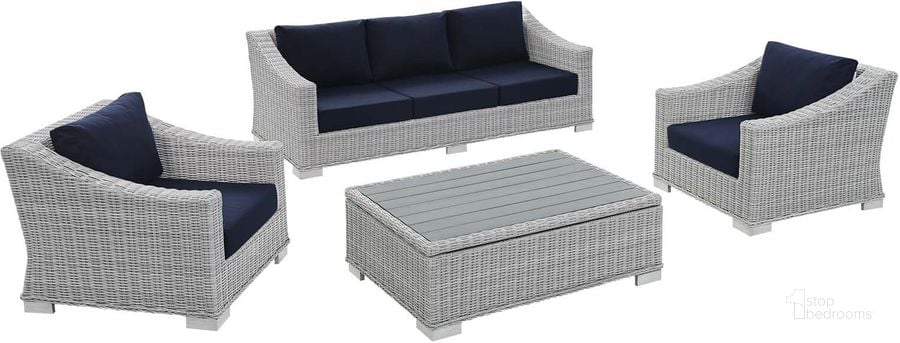 The appearance of Conway Sunbrella Outdoor Patio Wicker Rattan 4-Piece Furniture Set EEI-4359-LGR-NAV designed by Modway in the modern / contemporary interior design. This light gray navy piece of furniture  was selected by 1StopBedrooms from Conway Collection to add a touch of cosiness and style into your home. Sku: EEI-4359-LGR-NAV. Product Type: Outdoor Conversation Set. Material: Wicker. Image1