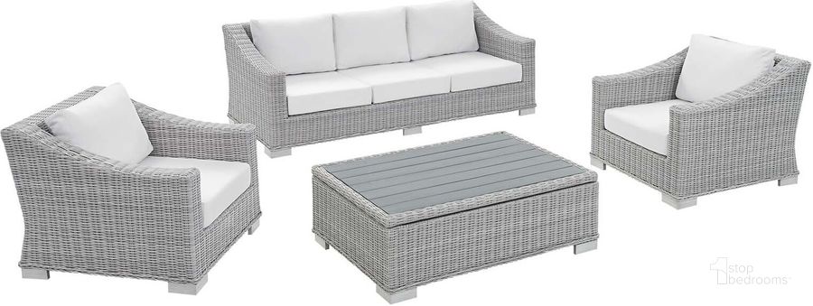 The appearance of Conway Sunbrella Outdoor Patio Wicker Rattan 4-Piece Furniture Set EEI-4359-LGR-WHI designed by Modway in the modern / contemporary interior design. This light gray white piece of furniture  was selected by 1StopBedrooms from Conway Collection to add a touch of cosiness and style into your home. Sku: EEI-4359-LGR-WHI. Product Type: Outdoor Conversation Set. Material: Wicker. Image1