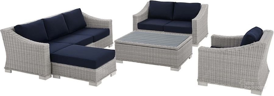 The appearance of Conway Sunbrella Outdoor Patio Wicker Rattan 5-Piece Furniture Set EEI-4356-LGR-NAV designed by Modway in the modern / contemporary interior design. This light gray navy piece of furniture  was selected by 1StopBedrooms from Conway Collection to add a touch of cosiness and style into your home. Sku: EEI-4356-LGR-NAV. Product Type: Outdoor Conversation Set. Material: Wicker. Image1