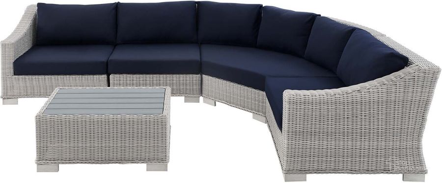 The appearance of Conway Sunbrella Outdoor Patio Wicker Rattan 5-Piece Sectional Sofa Furniture Set EEI-4357-LGR-NAV designed by Modway in the modern / contemporary interior design. This light gray navy piece of furniture  was selected by 1StopBedrooms from Conway Collection to add a touch of cosiness and style into your home. Sku: EEI-4357-LGR-NAV. Product Type: Outdoor Sectional. Material: Wicker. Image1