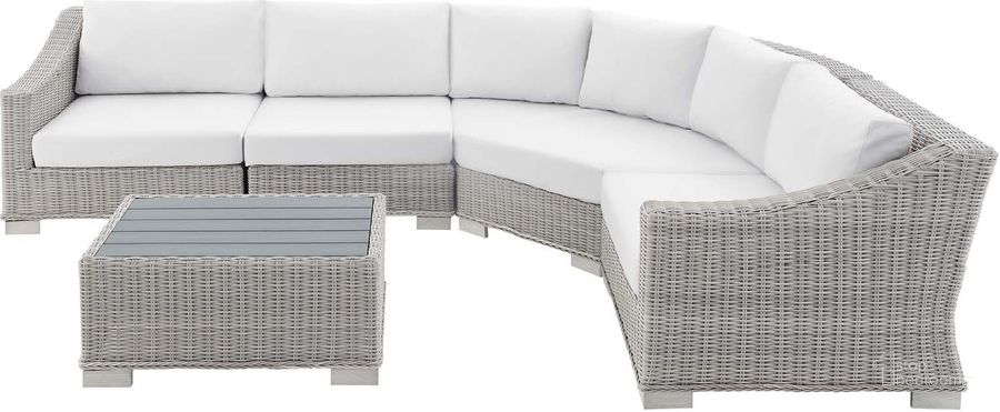 The appearance of Conway Sunbrella Outdoor Patio Wicker Rattan 5-Piece Sectional Sofa Furniture Set EEI-4357-LGR-WHI designed by Modway in the modern / contemporary interior design. This light gray white piece of furniture  was selected by 1StopBedrooms from Conway Collection to add a touch of cosiness and style into your home. Sku: EEI-4357-LGR-WHI. Product Type: Outdoor Sectional. Material: Wicker. Image1