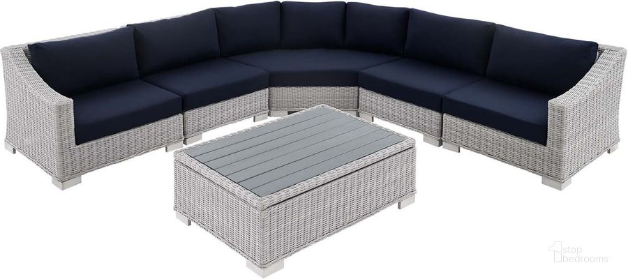 The appearance of Conway Sunbrella Outdoor Patio Wicker Rattan 6-Piece Sectional Sofa Furniture Set EEI-4358-LGR-NAV designed by Modway in the modern / contemporary interior design. This light gray navy piece of furniture  was selected by 1StopBedrooms from Conway Collection to add a touch of cosiness and style into your home. Sku: EEI-4358-LGR-NAV. Product Type: Outdoor Sectional. Material: Wicker. Image1