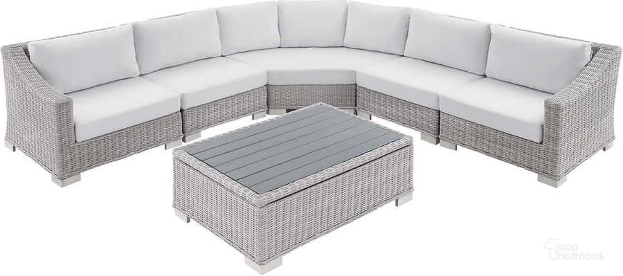 The appearance of Conway Sunbrella Outdoor Patio Wicker Rattan 6-Piece Sectional Sofa Furniture Set EEI-4358-LGR-WHI designed by Modway in the modern / contemporary interior design. This light gray white piece of furniture  was selected by 1StopBedrooms from Conway Collection to add a touch of cosiness and style into your home. Sku: EEI-4358-LGR-WHI. Product Type: Outdoor Sectional. Material: Wicker. Image1