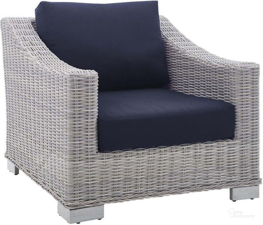 The appearance of Conway Sunbrella Outdoor Patio Wicker Rattan Armchair EEI-3972-LGR-NAV designed by Modway in the modern / contemporary interior design. This light gray navy piece of furniture  was selected by 1StopBedrooms from Conway Collection to add a touch of cosiness and style into your home. Sku: EEI-3972-LGR-NAV. Product Type: Outdoor Chair. Material: Foam. Image1