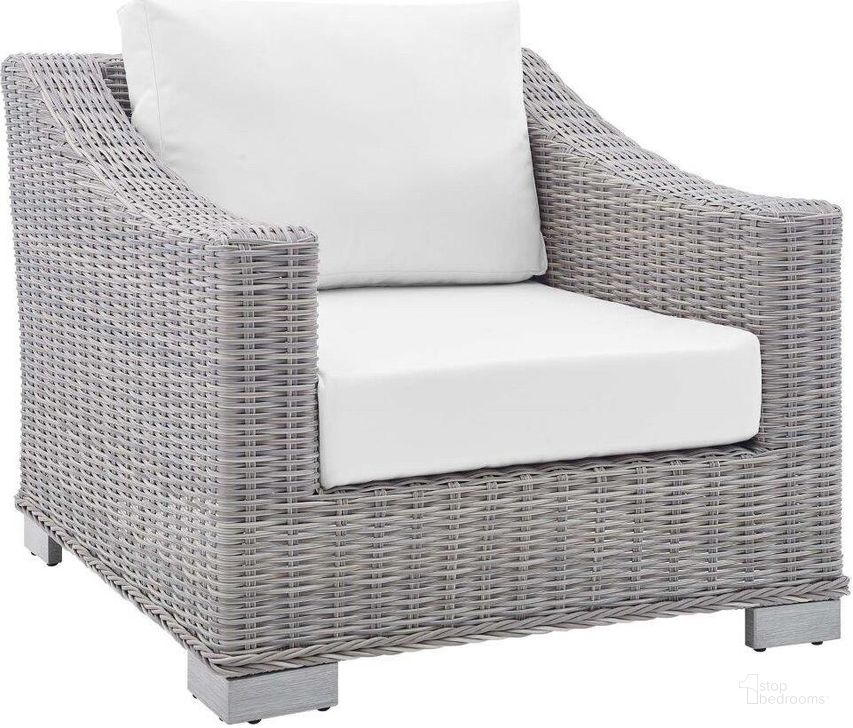 The appearance of Conway Sunbrella Outdoor Patio Wicker Rattan Armchair EEI-3972-LGR-WHI designed by Modway in the modern / contemporary interior design. This light gray white piece of furniture  was selected by 1StopBedrooms from Conway Collection to add a touch of cosiness and style into your home. Sku: EEI-3972-LGR-WHI. Product Type: Outdoor Chair. Material: Foam. Image1