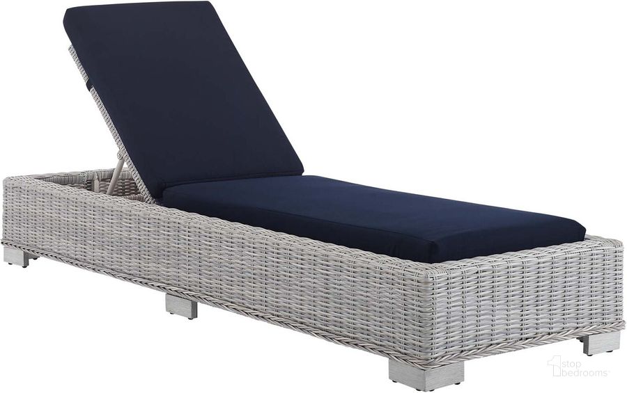 The appearance of Conway Sunbrella Outdoor Patio Wicker Rattan Chaise Lounge EEI-3978-LGR-NAV designed by Modway in the modern / contemporary interior design. This light gray navy piece of furniture  was selected by 1StopBedrooms from Conway Collection to add a touch of cosiness and style into your home. Sku: EEI-3978-LGR-NAV. Material: Aluminum. Product Type: Outdoor Chaise Lounge. Image1