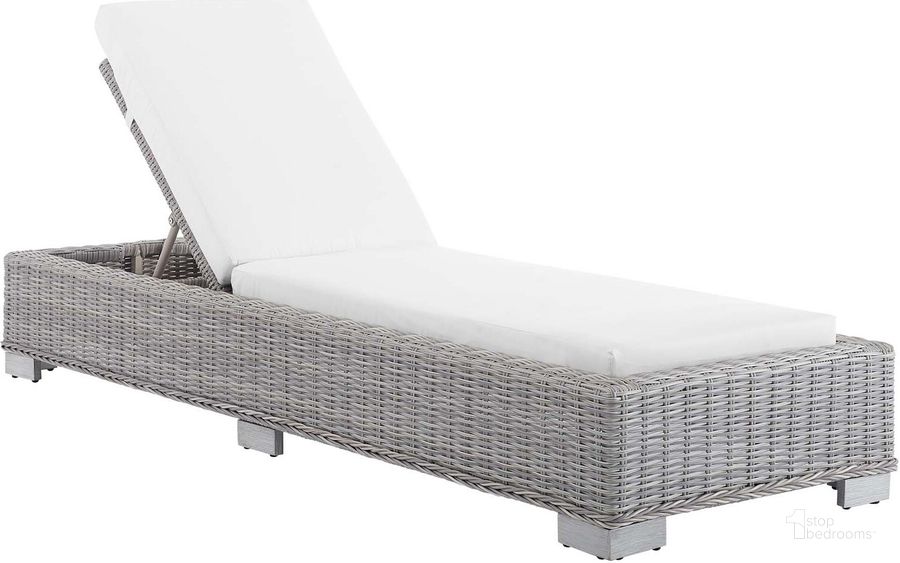The appearance of Conway Sunbrella Outdoor Patio Wicker Rattan Chaise Lounge EEI-3978-LGR-WHI designed by Modway in the modern / contemporary interior design. This light gray white piece of furniture  was selected by 1StopBedrooms from Conway Collection to add a touch of cosiness and style into your home. Sku: EEI-3978-LGR-WHI. Material: Aluminum. Product Type: Outdoor Chaise Lounge. Image1