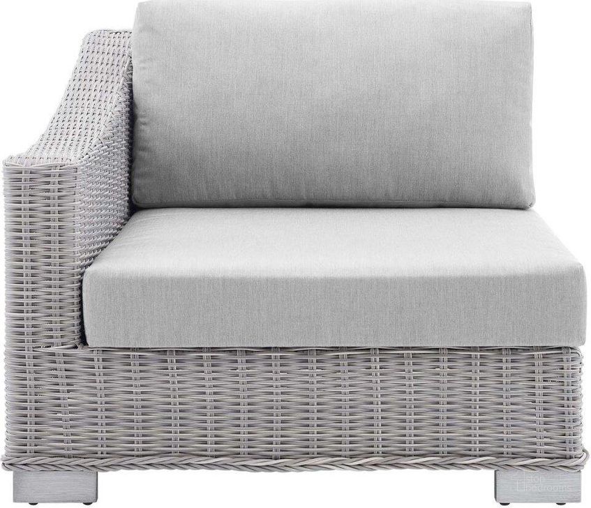 The appearance of Conway Sunbrella Outdoor Patio Wicker Rattan Left-Arm Chair EEI-3975-LGR-GRY designed by Modway in the modern / contemporary interior design. This light gray gray piece of furniture  was selected by 1StopBedrooms from Conway Collection to add a touch of cosiness and style into your home. Sku: EEI-3975-LGR-GRY. Material: Aluminum. Product Type: Outdoor Chair. Image1