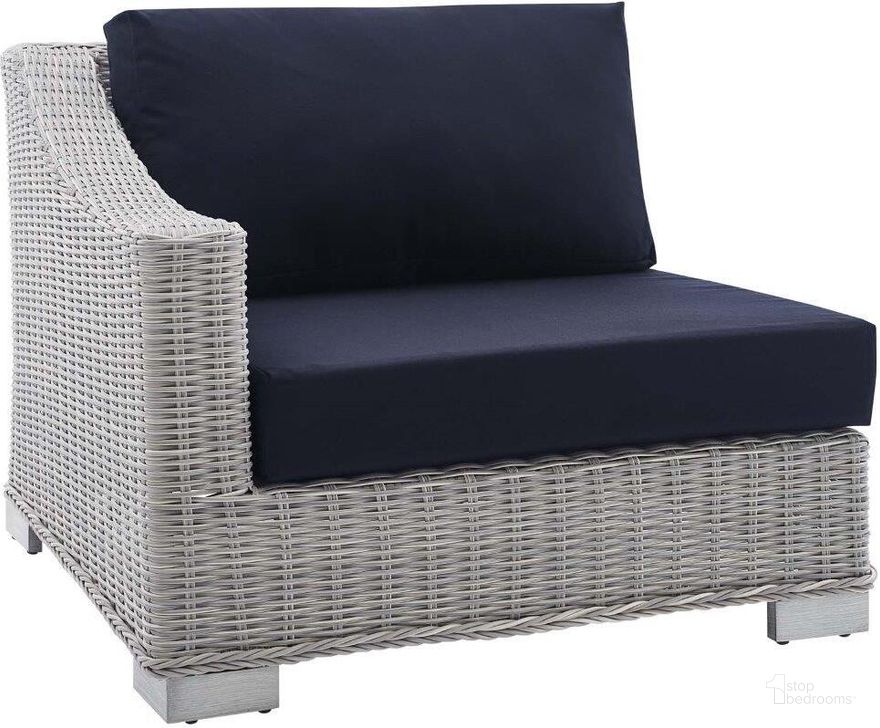 The appearance of Conway Sunbrella Outdoor Patio Wicker Rattan Left-Arm Chair EEI-3975-LGR-NAV designed by Modway in the modern / contemporary interior design. This light gray navy piece of furniture  was selected by 1StopBedrooms from Conway Collection to add a touch of cosiness and style into your home. Sku: EEI-3975-LGR-NAV. Material: Aluminum. Product Type: Outdoor Chair. Image1