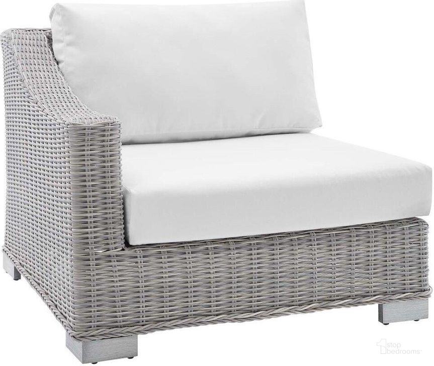 The appearance of Conway Sunbrella Outdoor Patio Wicker Rattan Left-Arm Chair EEI-3975-LGR-WHI designed by Modway in the modern / contemporary interior design. This light gray white piece of furniture  was selected by 1StopBedrooms from Conway Collection to add a touch of cosiness and style into your home. Sku: EEI-3975-LGR-WHI. Material: Aluminum. Product Type: Outdoor Chair. Image1