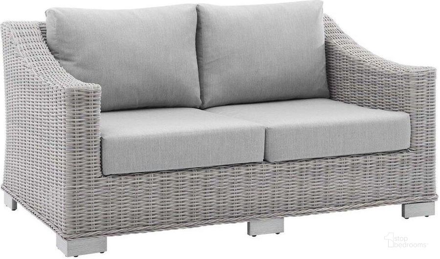 The appearance of Conway Sunbrella Outdoor Patio Wicker Rattan Loveseat EEI-3973-LGR-GRY designed by Modway in the modern / contemporary interior design. This light gray gray piece of furniture  was selected by 1StopBedrooms from Conway Collection to add a touch of cosiness and style into your home. Sku: EEI-3973-LGR-GRY. Material: Aluminum. Product Type: Outdoor Loveseat. Image1