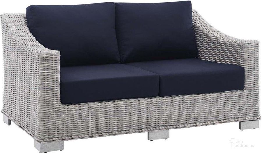 The appearance of Conway Sunbrella Outdoor Patio Wicker Rattan Loveseat EEI-3973-LGR-NAV designed by Modway in the modern / contemporary interior design. This light gray navy piece of furniture  was selected by 1StopBedrooms from Conway Collection to add a touch of cosiness and style into your home. Sku: EEI-3973-LGR-NAV. Material: Aluminum. Product Type: Outdoor Loveseat. Image1
