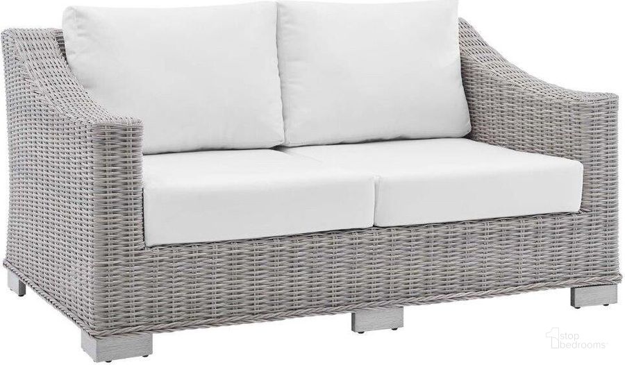 The appearance of Conway Sunbrella Outdoor Patio Wicker Rattan Loveseat EEI-3973-LGR-WHI designed by Modway in the modern / contemporary interior design. This light gray white piece of furniture  was selected by 1StopBedrooms from Conway Collection to add a touch of cosiness and style into your home. Sku: EEI-3973-LGR-WHI. Material: Aluminum. Product Type: Outdoor Loveseat. Image1