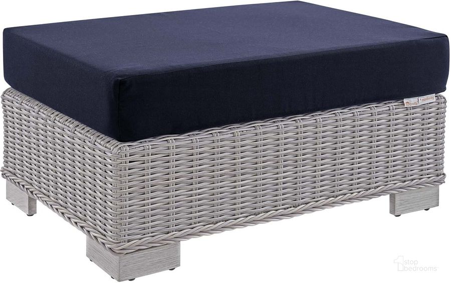 The appearance of Conway Sunbrella Outdoor Patio Wicker Rattan Ottoman designed by Modway in the modern / contemporary interior design. This light gray navy piece of furniture  was selected by 1StopBedrooms from Conway Collection to add a touch of cosiness and style into your home. Sku: EEI-3971-LGR-NAV. Material: Aluminum. Product Type: Outdoor Ottoman. Image1