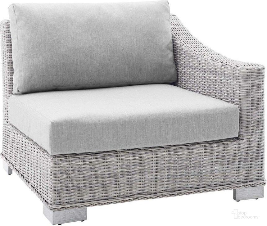 The appearance of Conway Sunbrella Outdoor Patio Wicker Rattan Right-Arm Chair EEI-3976-LGR-GRY designed by Modway in the modern / contemporary interior design. This light gray gray piece of furniture  was selected by 1StopBedrooms from Conway Collection to add a touch of cosiness and style into your home. Sku: EEI-3976-LGR-GRY. Material: Aluminum. Product Type: Outdoor Chair. Image1