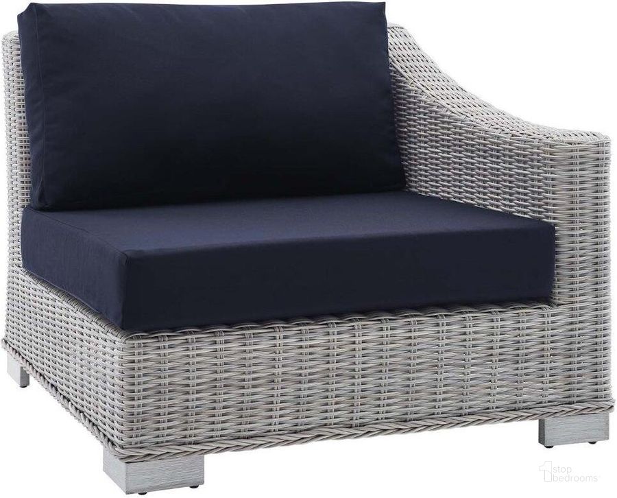 The appearance of Conway Sunbrella Outdoor Patio Wicker Rattan Right-Arm Chair EEI-3976-LGR-NAV designed by Modway in the modern / contemporary interior design. This light gray navy piece of furniture  was selected by 1StopBedrooms from Conway Collection to add a touch of cosiness and style into your home. Sku: EEI-3976-LGR-NAV. Material: Aluminum. Product Type: Outdoor Chair. Image1