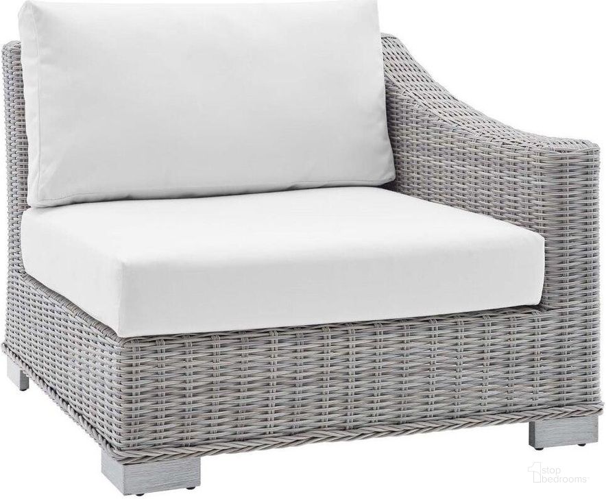 The appearance of Conway Sunbrella Outdoor Patio Wicker Rattan Right-Arm Chair EEI-3976-LGR-WHI designed by Modway in the modern / contemporary interior design. This light gray white piece of furniture  was selected by 1StopBedrooms from Conway Collection to add a touch of cosiness and style into your home. Sku: EEI-3976-LGR-WHI. Material: Aluminum. Product Type: Outdoor Chair. Image1