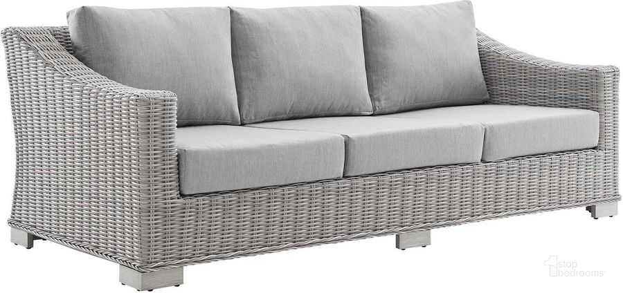 The appearance of Conway Sunbrella Outdoor Patio Wicker Rattan Sofa EEI-3974-LGR-GRY designed by Modway in the modern / contemporary interior design. This light gray gray piece of furniture  was selected by 1StopBedrooms from Conway Collection to add a touch of cosiness and style into your home. Sku: EEI-3974-LGR-GRY. Material: Aluminum. Product Type: Outdoor Sofa. Image1
