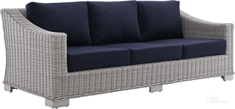 The appearance of Conway Sunbrella Outdoor Patio Wicker Rattan Sofa EEI-3974-LGR-NAV designed by Modway in the modern / contemporary interior design. This light gray navy piece of furniture  was selected by 1StopBedrooms from Conway Collection to add a touch of cosiness and style into your home. Sku: EEI-3974-LGR-NAV. Material: Aluminum. Product Type: Outdoor Sofa. Image1