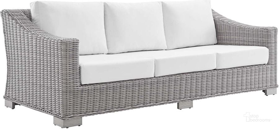 The appearance of Conway Sunbrella Outdoor Patio Wicker Rattan Sofa EEI-3974-LGR-WHI designed by Modway in the modern / contemporary interior design. This light gray white piece of furniture  was selected by 1StopBedrooms from Conway Collection to add a touch of cosiness and style into your home. Sku: EEI-3974-LGR-WHI. Material: Aluminum. Product Type: Outdoor Sofa. Image1