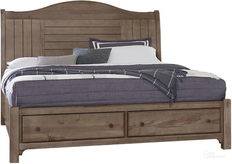 The appearance of Cool Farmhouse Queen Sleigh Bed With Storage Footboard In Grey designed by Vaughan Bassett in the transitional interior design. This grey piece of furniture  was selected by 1StopBedrooms from Cool Farmhouse Collection to add a touch of cosiness and style into your home. Sku: 801-553;801-050B;801-502;TT-555T. Bed Type: Storage Bed. Material: Wood. Product Type: Storage Bed. Bed Size: Queen. Image1