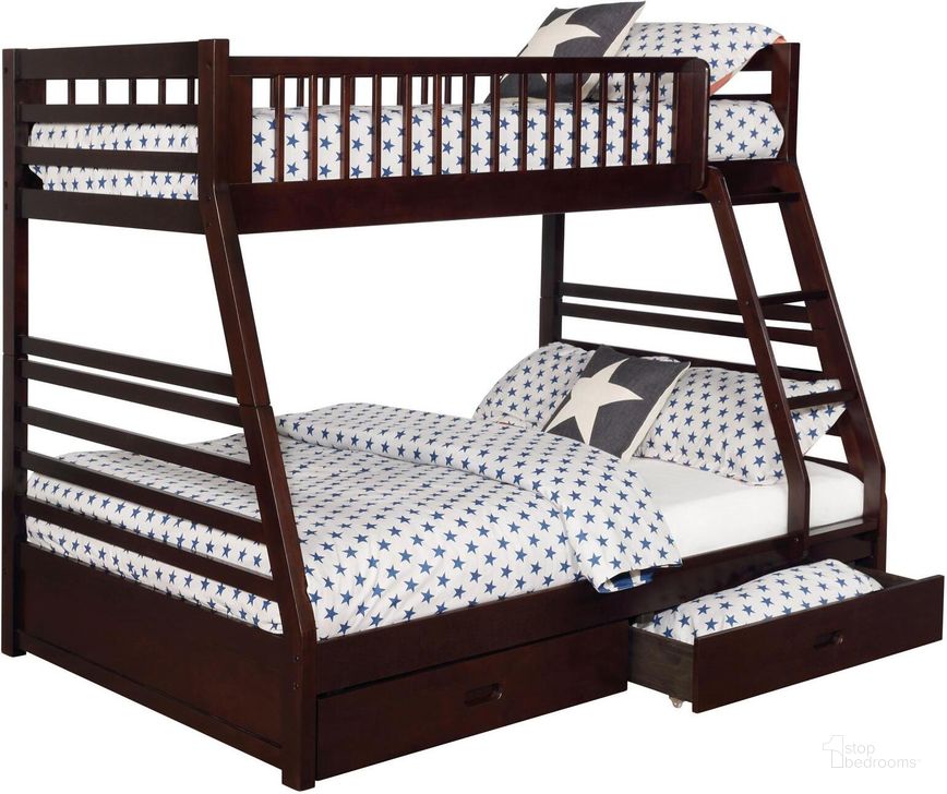 The appearance of Cooper Cappuccino Twin Over Full Bunk Bed designed by Coaster in the transitional interior design. This brown piece of furniture  was selected by 1StopBedrooms from Cooper Collection to add a touch of cosiness and style into your home. Sku: 460184B1;460184B2;460184B3. Bed Type: Bunk Bed. Material: Wood. Product Type: Bunk Bed. Bed Size: Twin Over Full. Image1
