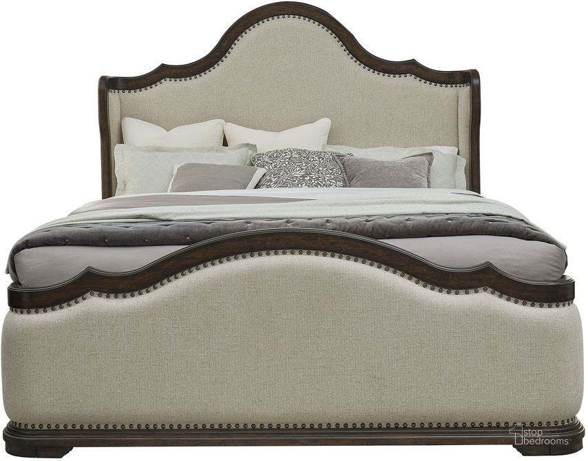 The appearance of Cooper Falls Shelter Back Queen Upholstered Bed In Brown designed by Pulaski in the traditional interior design. This brown piece of furniture  was selected by 1StopBedrooms from Cooper Falls Collection to add a touch of cosiness and style into your home. Sku: P342-BR-K1. Bed Type: Panel Bed. Material: Wood. Product Type: Panel Bed. Bed Size: Queen. Image1