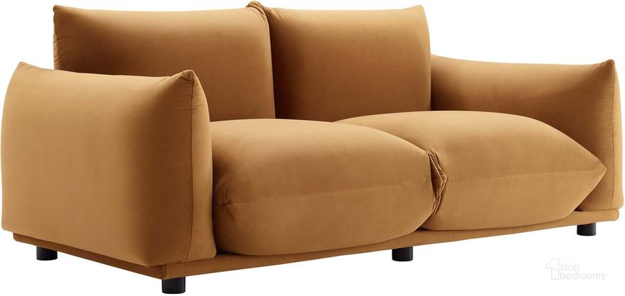 The appearance of Copious Performance Velvet Loveseat EEI-5471-COG designed by Modway in the modern / contemporary interior design. This cognac piece of furniture  was selected by 1StopBedrooms from Copious Collection to add a touch of cosiness and style into your home. Sku: EEI-5471-COG. Product Type: Loveseat. Material: Rubberwood. Image1