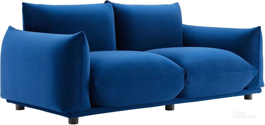 The appearance of Copious Performance Velvet Loveseat EEI-5471-NAV designed by Modway in the modern / contemporary interior design. This navy piece of furniture  was selected by 1StopBedrooms from Copious Collection to add a touch of cosiness and style into your home. Sku: EEI-5471-NAV. Product Type: Loveseat. Material: Rubberwood. Image1