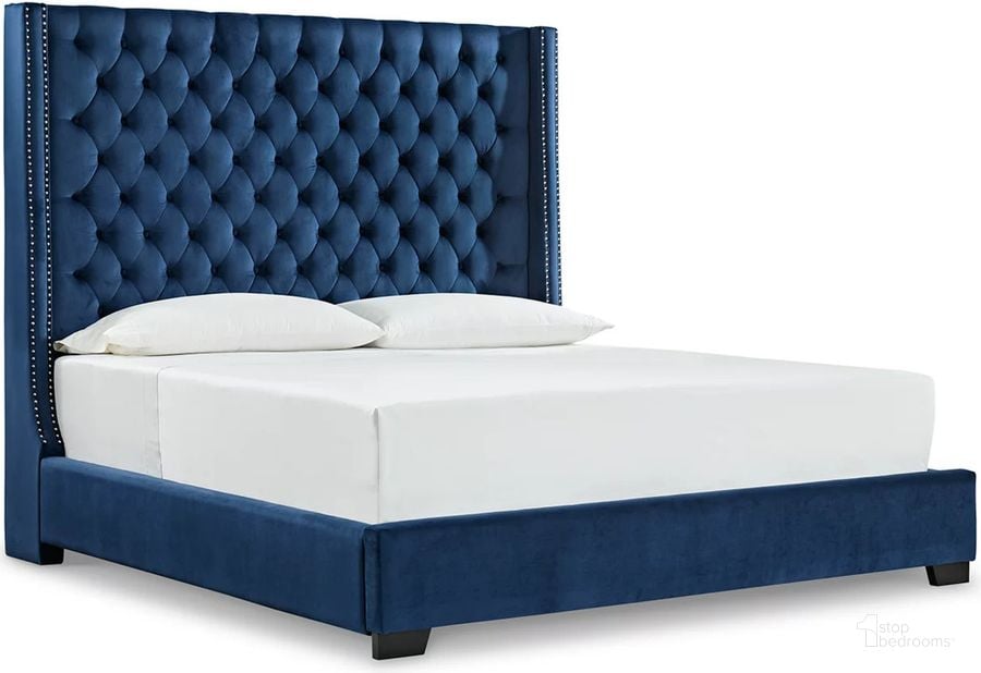 The appearance of Coralayne Blue King Upholstered Panel Bed designed by Signature Design by Ashley in the traditional interior design. This blue piece of furniture  was selected by 1StopBedrooms from Coralayne Collection to add a touch of cosiness and style into your home. Sku: B650-178;B650-176. Bed Type: Panel Bed. Material: Fabric. Product Type: Panel Bed. Bed Size: King. Image1