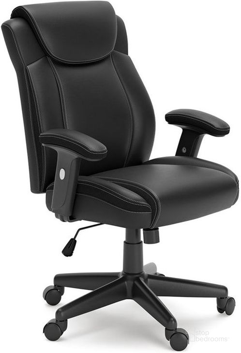 The appearance of Corbindale Black Home Office Swivel Desk Chair designed by Signature Design by Ashley in the transitional interior design. This black piece of furniture  was selected by 1StopBedrooms from Corbindale Collection to add a touch of cosiness and style into your home. Sku: H220-06A. Product Type: Office Chair. Material: Leather Match. Image1