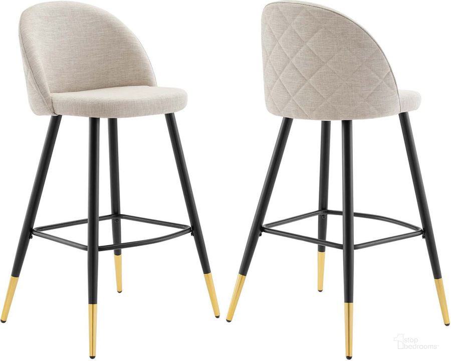 The appearance of Cordial Fabric Bar Stools - Set of 2 In Beige designed by Modway in the modern / contemporary interior design. This beige piece of furniture  was selected by 1StopBedrooms from Cordial Collection to add a touch of cosiness and style into your home. Sku: EEI-4526-BEI. Material: Polyester. Product Type: Barstool. Image1