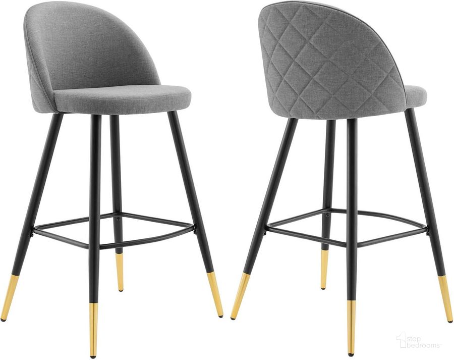 The appearance of Cordial Fabric Bar Stools - Set of 2 In Light Gray designed by Modway in the modern / contemporary interior design. This light gray piece of furniture  was selected by 1StopBedrooms from Cordial Collection to add a touch of cosiness and style into your home. Sku: EEI-4526-LGR. Material: Polyester. Product Type: Barstool. Image1