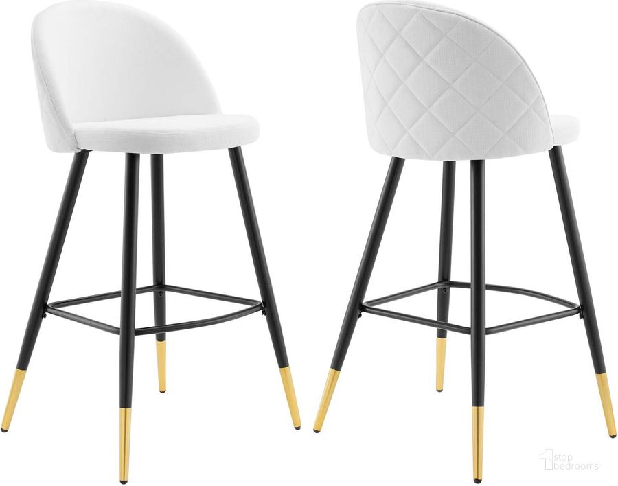 The appearance of Cordial Fabric Bar Stools - Set of 2 In White designed by Modway in the modern / contemporary interior design. This white piece of furniture  was selected by 1StopBedrooms from Cordial Collection to add a touch of cosiness and style into your home. Sku: EEI-4526-WHI. Material: Polyester. Product Type: Barstool. Image1