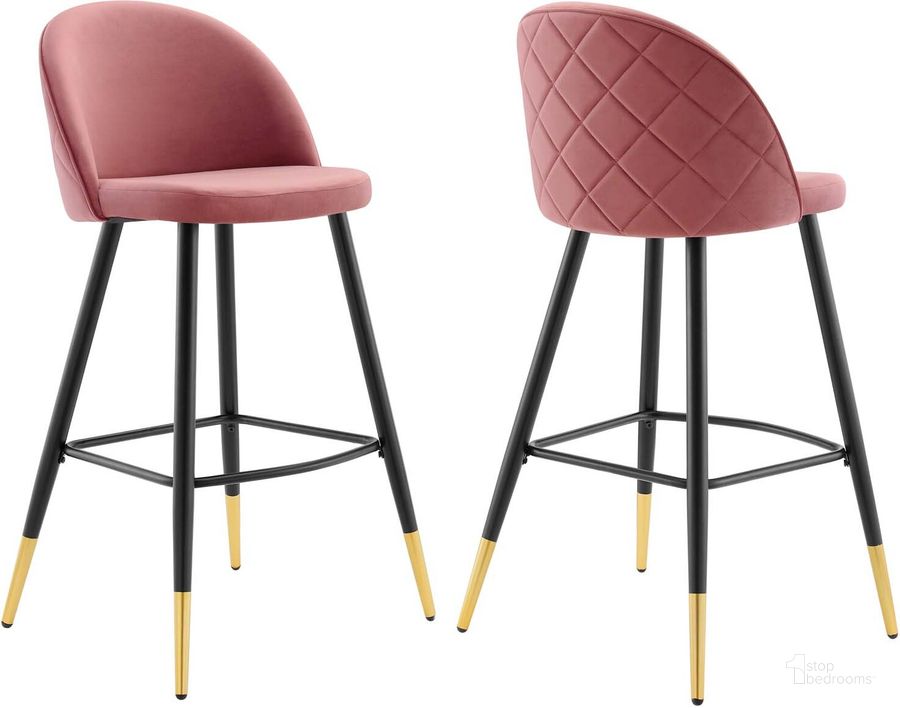 The appearance of Cordial Performance Velvet Bar Stools - Set of 2 In Dusty Rose designed by Modway in the modern / contemporary interior design. This dusty rose piece of furniture  was selected by 1StopBedrooms from Cordial Collection to add a touch of cosiness and style into your home. Sku: EEI-4527-DUS. Material: Polyester. Product Type: Barstool. Image1