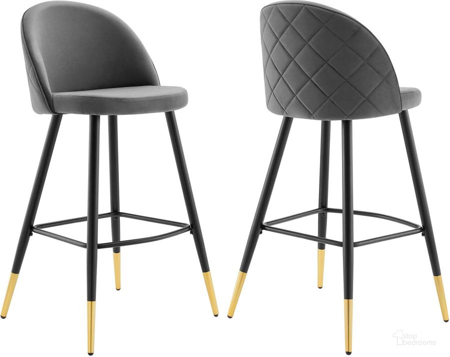 The appearance of Cordial Performance Velvet Bar Stools - Set of 2 In Gray designed by Modway in the modern / contemporary interior design. This gray piece of furniture  was selected by 1StopBedrooms from Cordial Collection to add a touch of cosiness and style into your home. Sku: EEI-4527-GRY. Material: Polyester. Product Type: Barstool. Image1