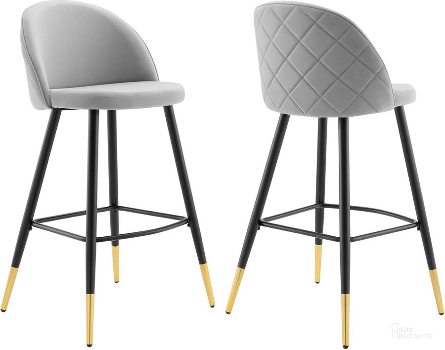 The appearance of Cordial Performance Velvet Bar Stools - Set of 2 In Light Gray designed by Modway in the modern / contemporary interior design. This light gray piece of furniture  was selected by 1StopBedrooms from Cordial Collection to add a touch of cosiness and style into your home. Sku: EEI-4527-LGR. Material: Polyester. Product Type: Barstool. Image1
