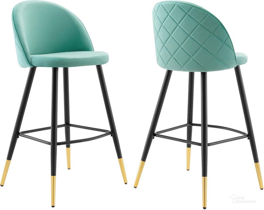 The appearance of Cordial Performance Velvet Bar Stools - Set of 2 In Mint designed by Modway in the modern / contemporary interior design. This mint piece of furniture  was selected by 1StopBedrooms from Cordial Collection to add a touch of cosiness and style into your home. Sku: EEI-4527-MIN. Material: Polyester. Product Type: Barstool. Image1