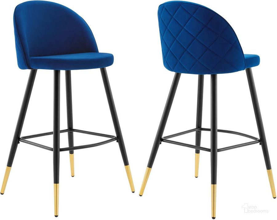 The appearance of Cordial Performance Velvet Bar Stools - Set of 2 In Navy designed by Modway in the modern / contemporary interior design. This navy piece of furniture  was selected by 1StopBedrooms from Cordial Collection to add a touch of cosiness and style into your home. Sku: EEI-4527-NAV. Material: Polyester. Product Type: Barstool. Image1