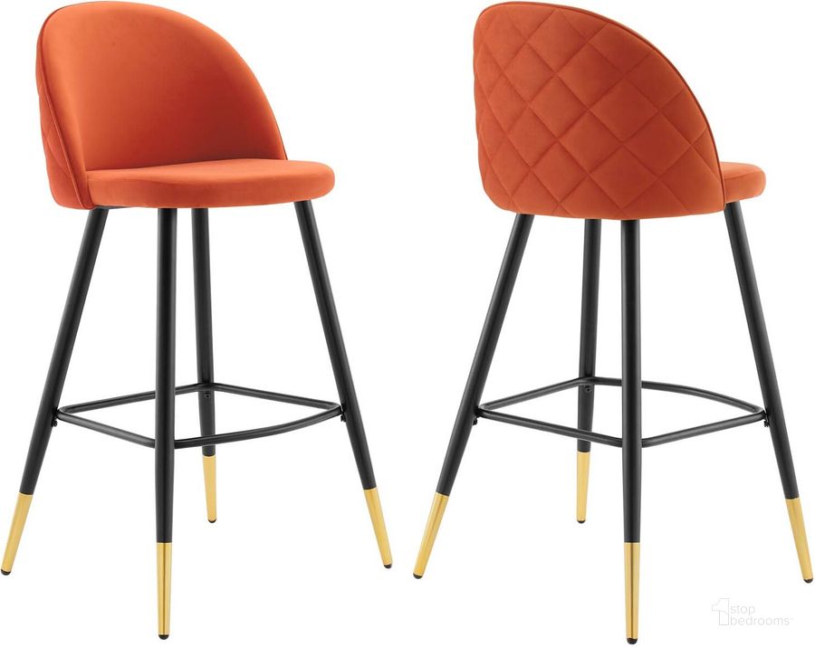 The appearance of Cordial Performance Velvet Bar Stools - Set of 2 In Orange designed by Modway in the modern / contemporary interior design. This orange piece of furniture  was selected by 1StopBedrooms from Cordial Collection to add a touch of cosiness and style into your home. Sku: EEI-4527-ORA. Material: Polyester. Product Type: Barstool. Image1