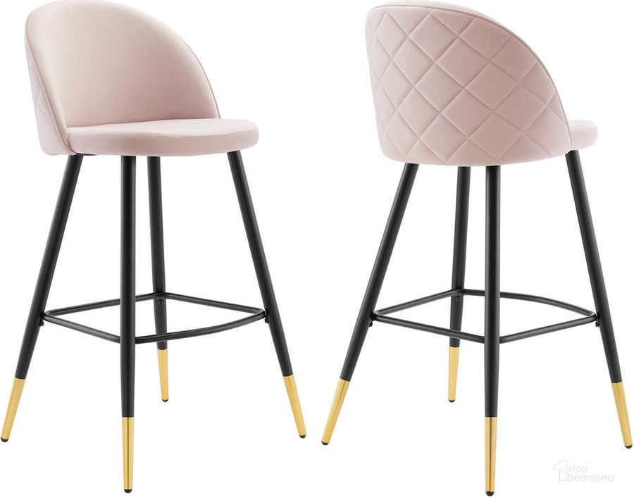 The appearance of Cordial Performance Velvet Bar Stools - Set of 2 In Pink designed by Modway in the modern / contemporary interior design. This pink piece of furniture  was selected by 1StopBedrooms from Cordial Collection to add a touch of cosiness and style into your home. Sku: EEI-4527-PNK. Material: Polyester. Product Type: Barstool. Image1
