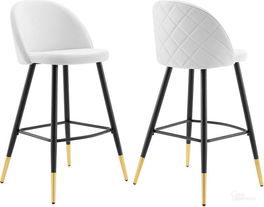The appearance of Cordial Performance Velvet Bar Stools - Set of 2 In White designed by Modway in the modern / contemporary interior design. This white piece of furniture  was selected by 1StopBedrooms from Cordial Collection to add a touch of cosiness and style into your home. Sku: EEI-4527-WHI. Material: Polyester. Product Type: Barstool. Image1