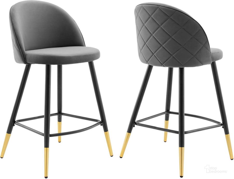 The appearance of Cordial Performance Velvet Counter Stools - Set Of 2 EEI-4529-GRY designed by Modway in the modern / contemporary interior design. This gray piece of furniture  was selected by 1StopBedrooms from Cordial Collection to add a touch of cosiness and style into your home. Sku: EEI-4529-GRY. Product Type: Barstool. Material: Plywood. Image1