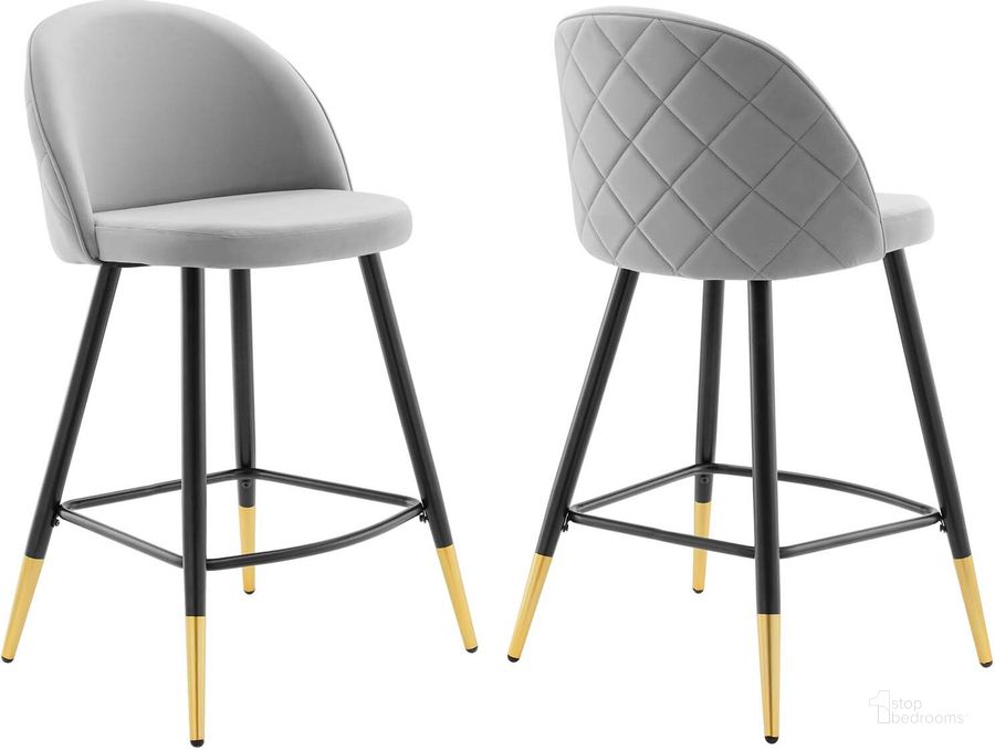 The appearance of Cordial Performance Velvet Counter Stools - Set Of 2 EEI-4529-LGR designed by Modway in the modern / contemporary interior design. This light gray piece of furniture  was selected by 1StopBedrooms from Cordial Collection to add a touch of cosiness and style into your home. Sku: EEI-4529-LGR. Product Type: Barstool. Material: Plywood. Image1